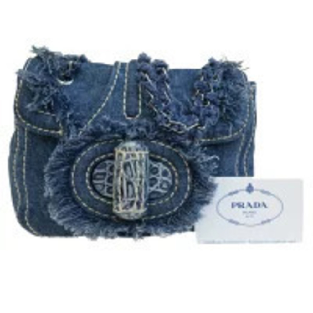 Prada chain shoulder bag Pouch Clutch denim crocodile embossed blue canvas